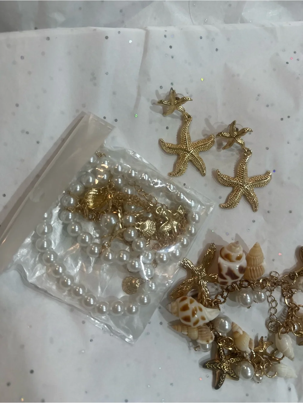 Gold Starfish & Shell Charm Bracelet , necklace and earrings s- Women Accessorie